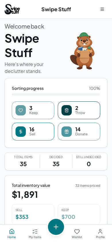 Swipe Stuff active home dashboard on a mobile phone