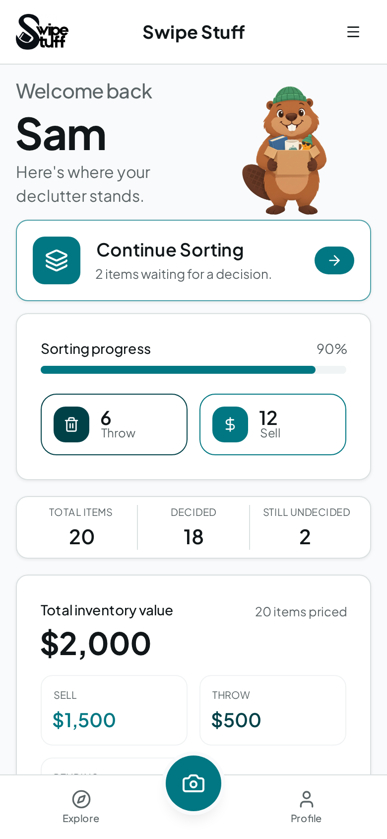 Swipe Stuff active home dashboard on a mobile phone